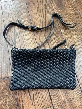 Melie Bianco Black Woven Leather Crossbody Bag
